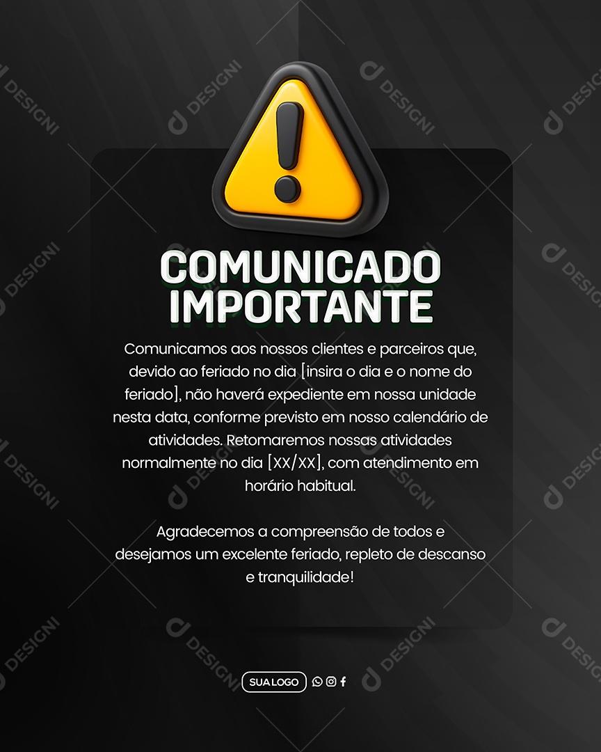 Comunicado Importante Feriado Social Media PSD Editável