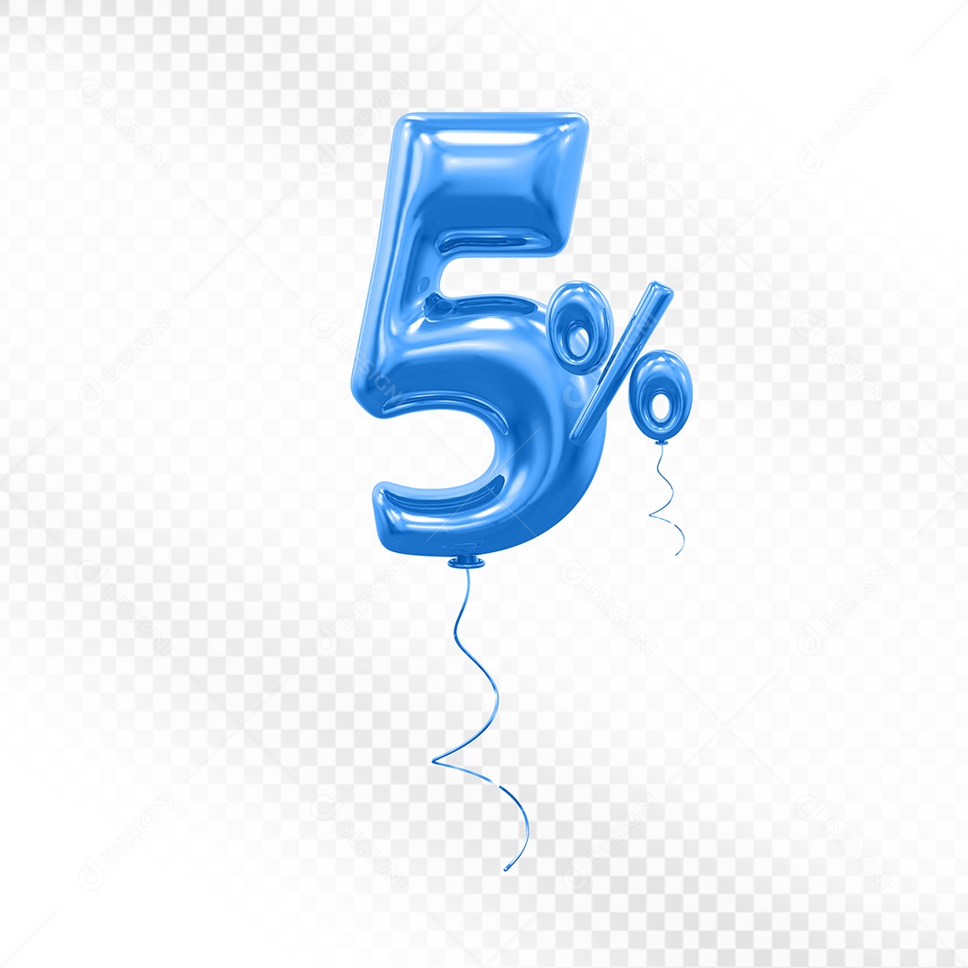 Elemento 3D Balão Azul de Número 5% para Composição PSD