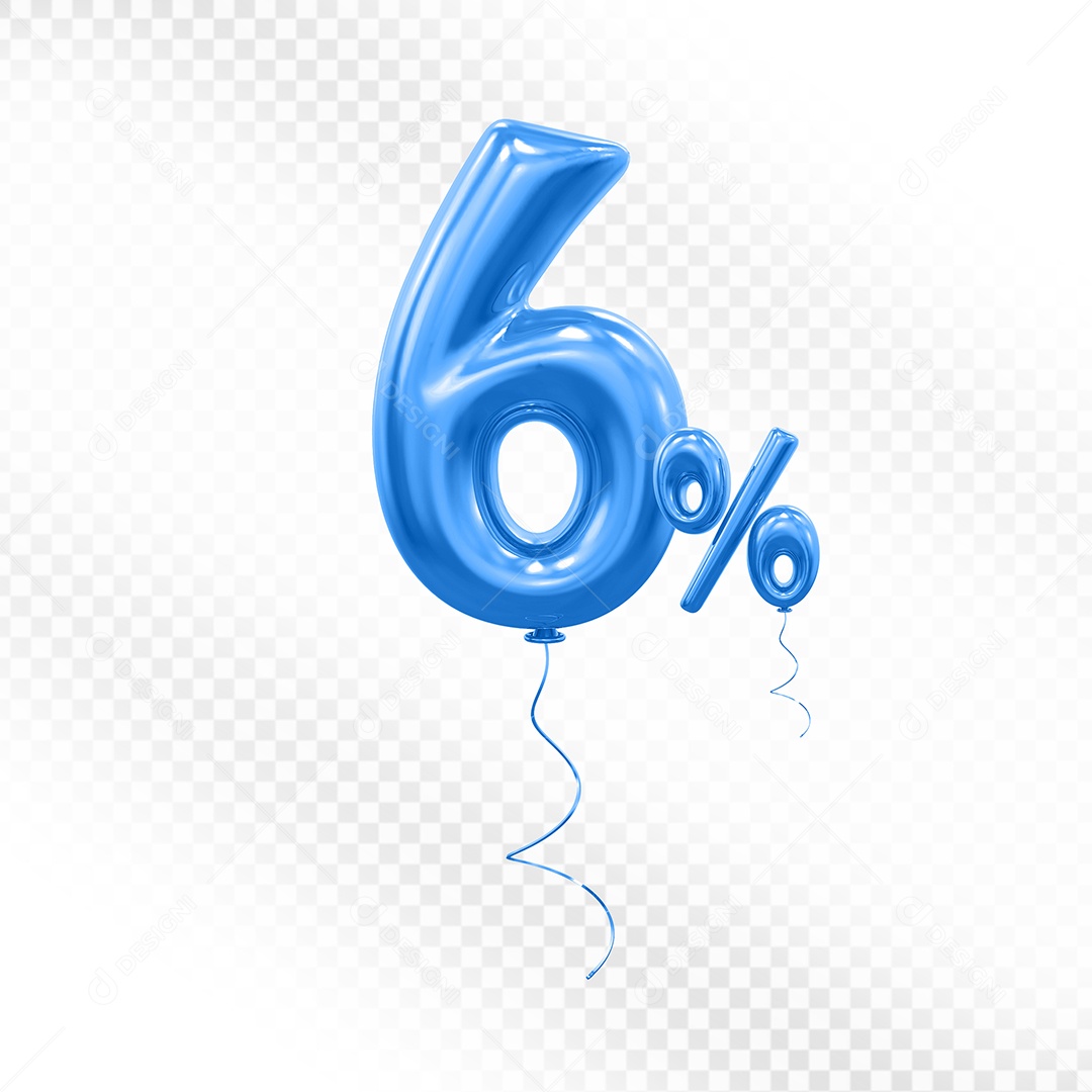 Elemento 3D Balão Azul de Número 6% para Composição PSD