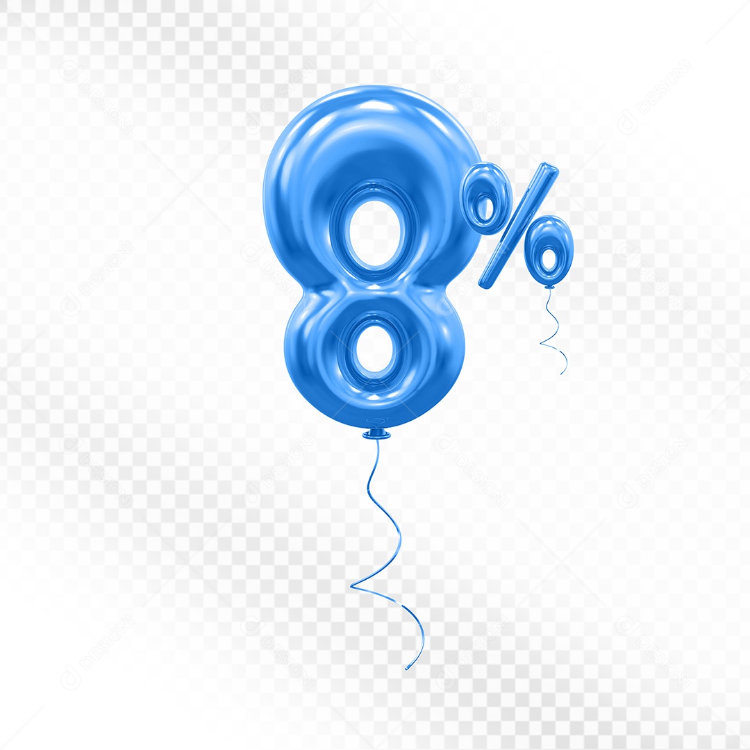 Elemento 3D Balão Azul de Número 8% para Composição PSD