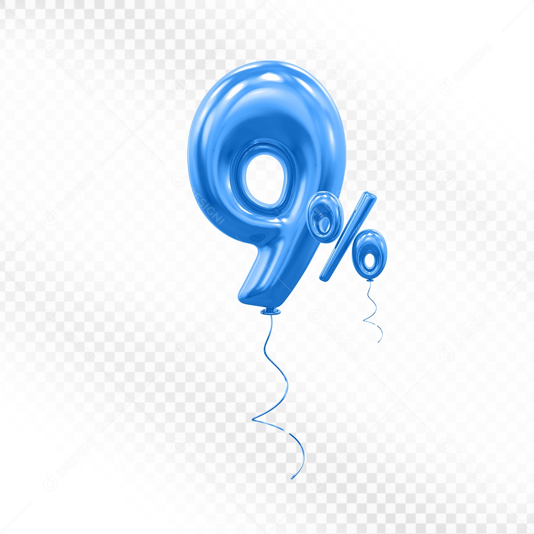 Elemento 3D Balão Azul de Número 9% para Composição PSD
