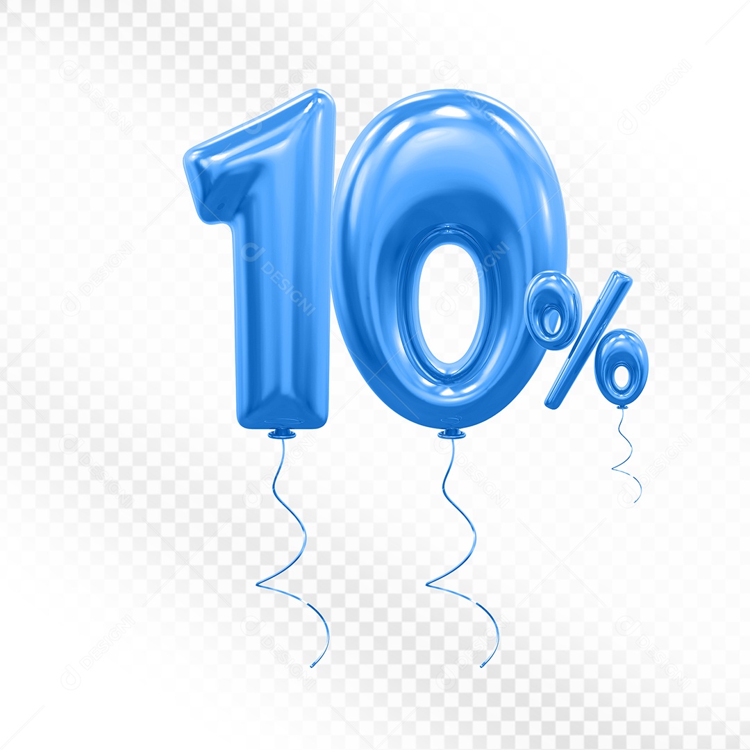 Elemento 3D Balão Azul de Número 10% para Composição PSD
