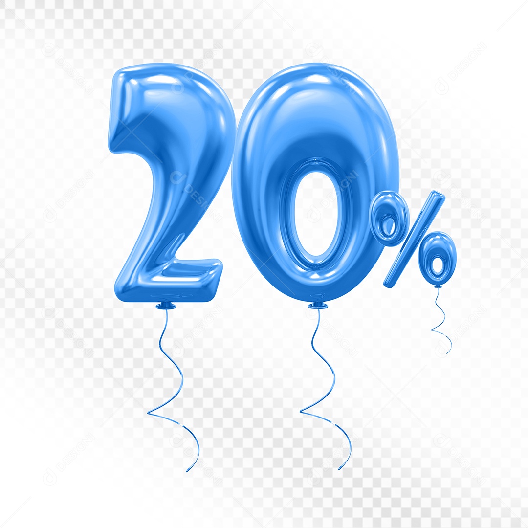 Elemento 3D Balão Azul de Número 20% para Composição PSD