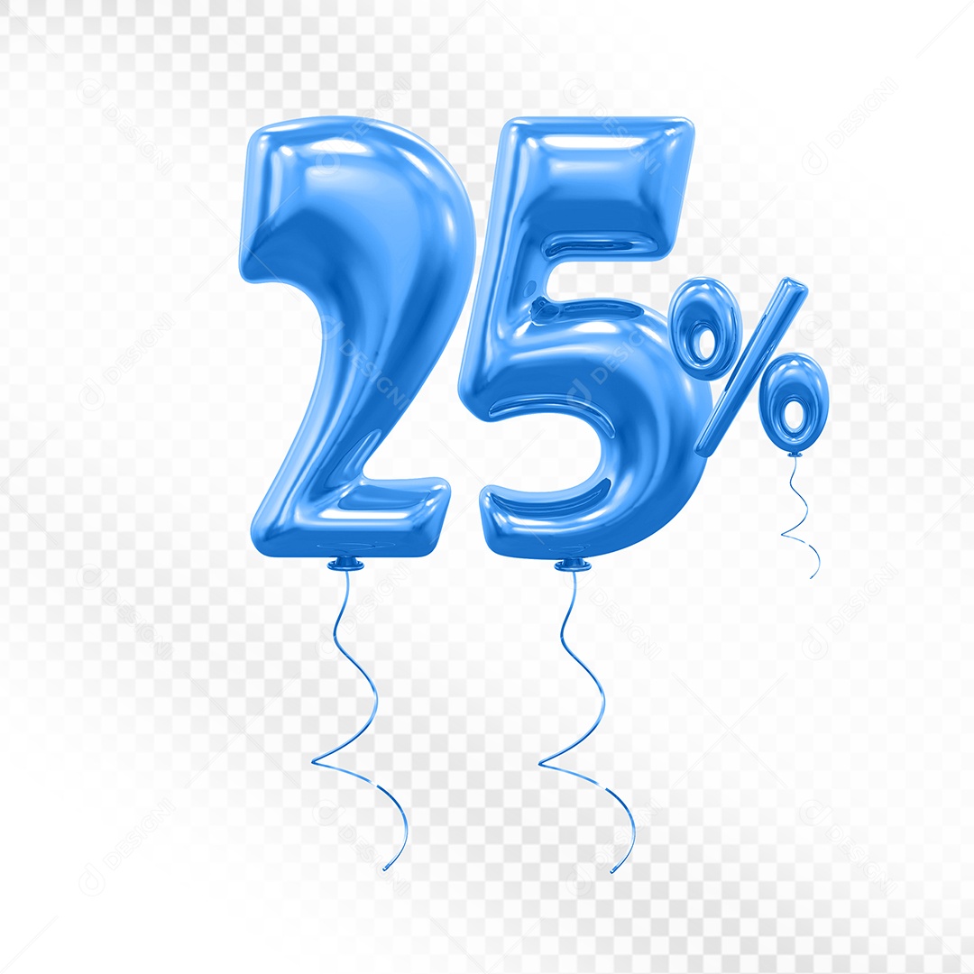 Elemento 3D Balão Azul de Número 25% para Composição PSD