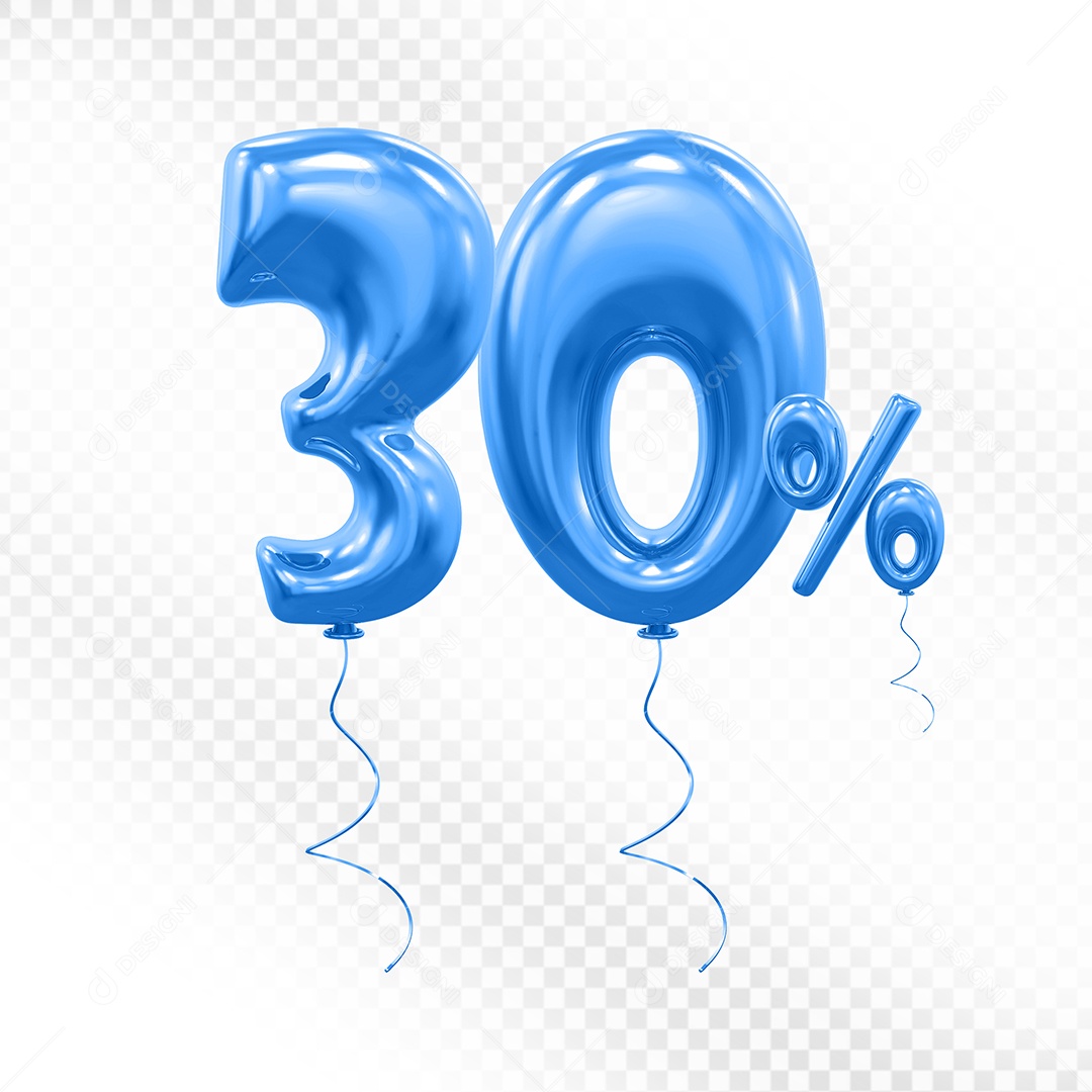 Elemento 3D Balão Azul de Número 30% para Composição PSD