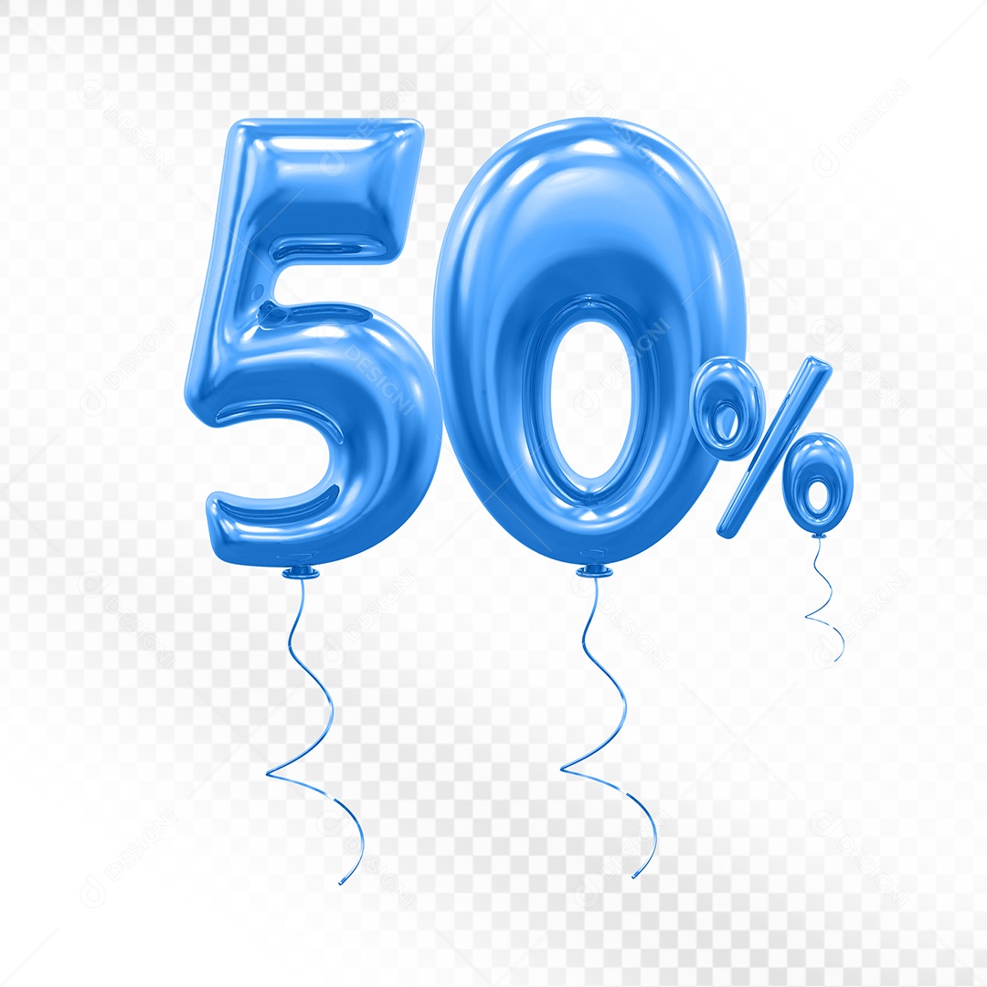 Elemento 3D Balão Azul de Número 50% para Composição PSD