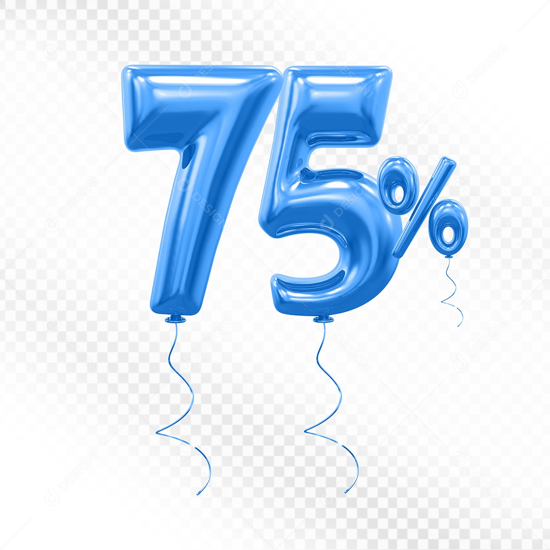 Elemento 3D Balão Azul de Número 75% para Composição PSD