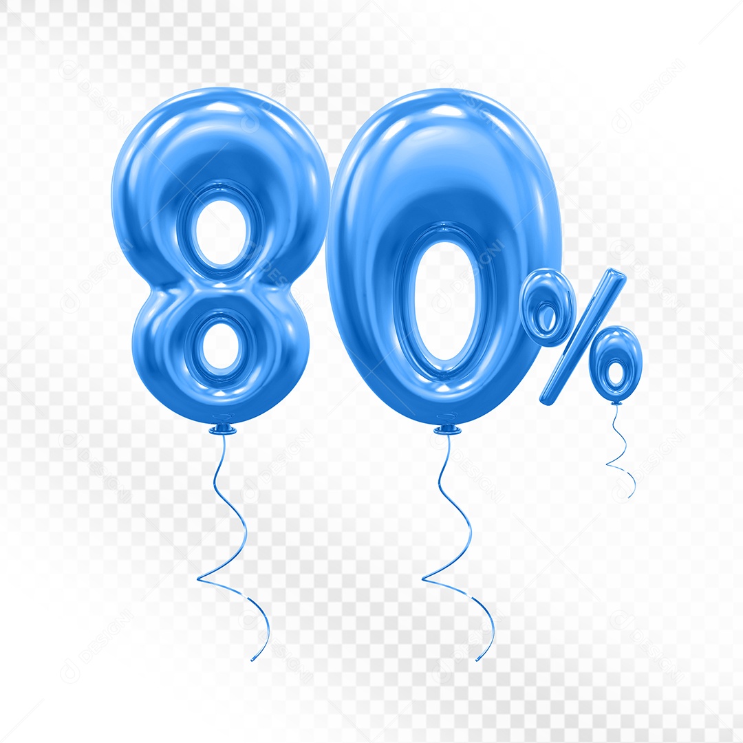 Elemento 3D Balão Azul de Número 80% para Composição PSD