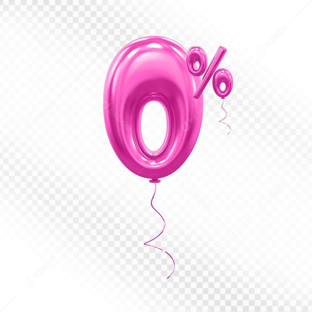 Elemento 3D Balão Rosa de Número 0% para Composição PSD