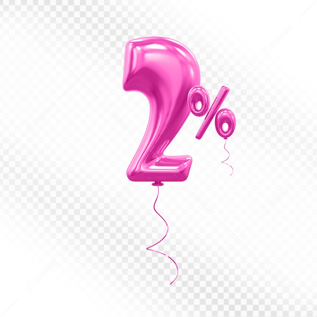Elemento 3D Balão Rosa de Número 2% para Composição PSD