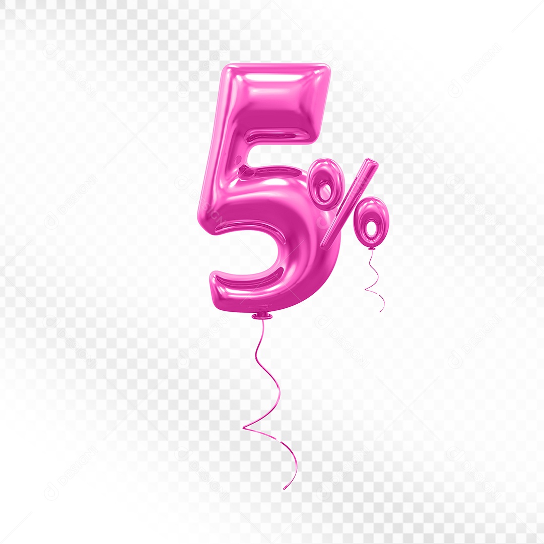 Elemento 3D Balão Rosa de Número 5% para Composição PSD