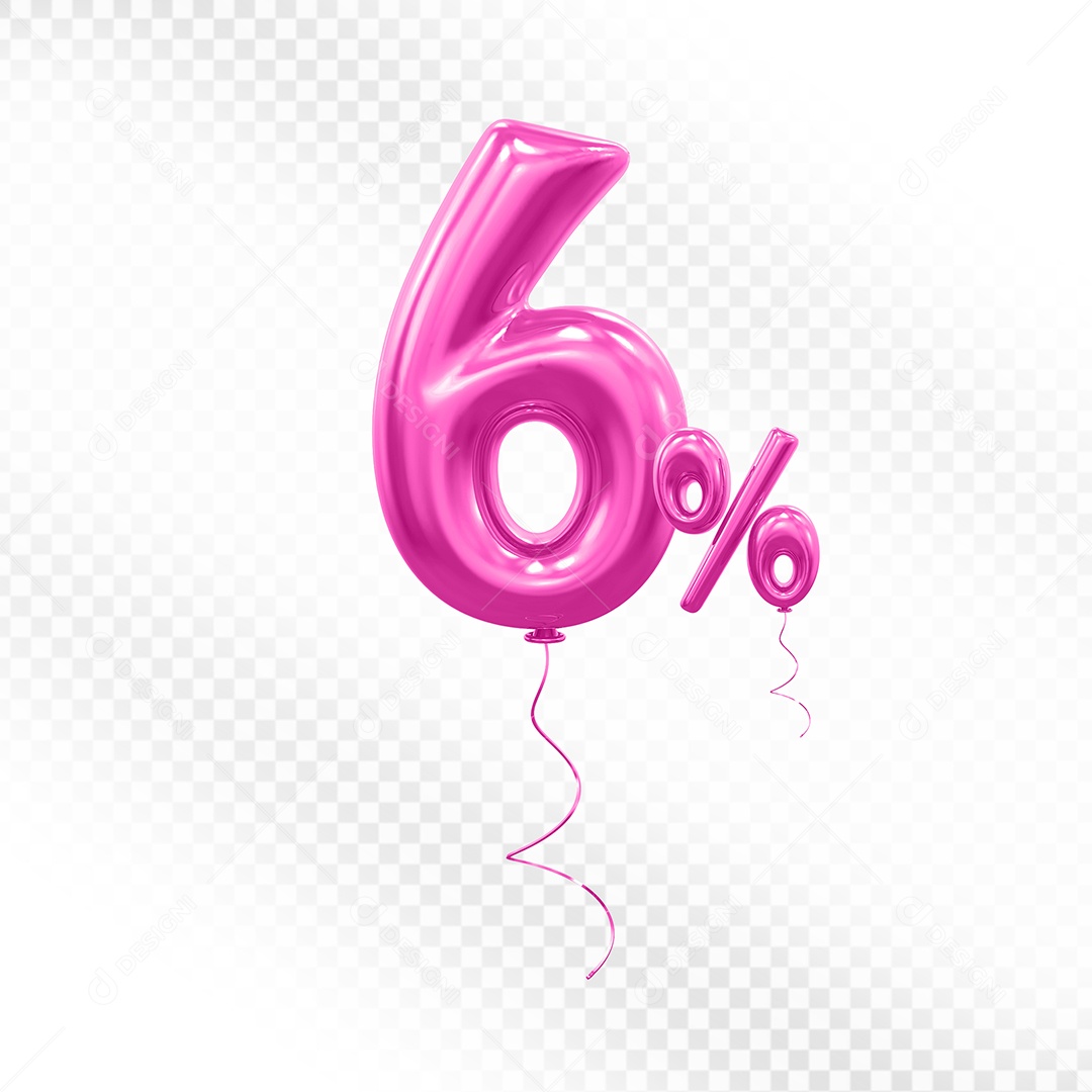 Elemento 3D Balão Rosa de Número 6% para Composição PSD