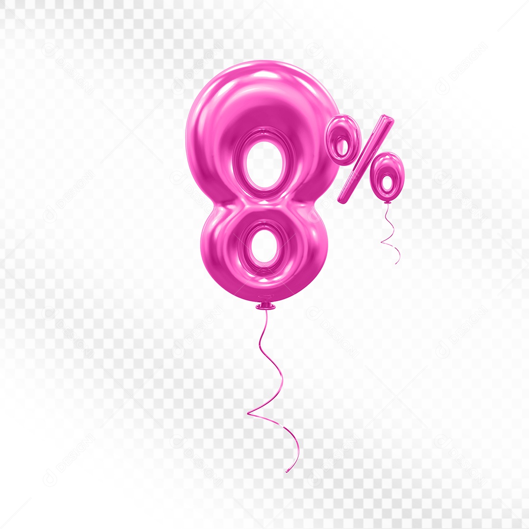Elemento 3D Balão Rosa de Número 8% para Composição PSD