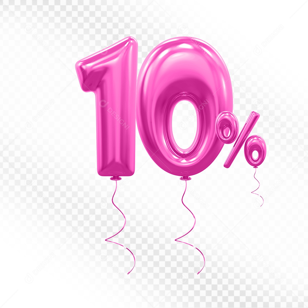Elemento 3D Balão Rosa de Número 10% para Composição PSD