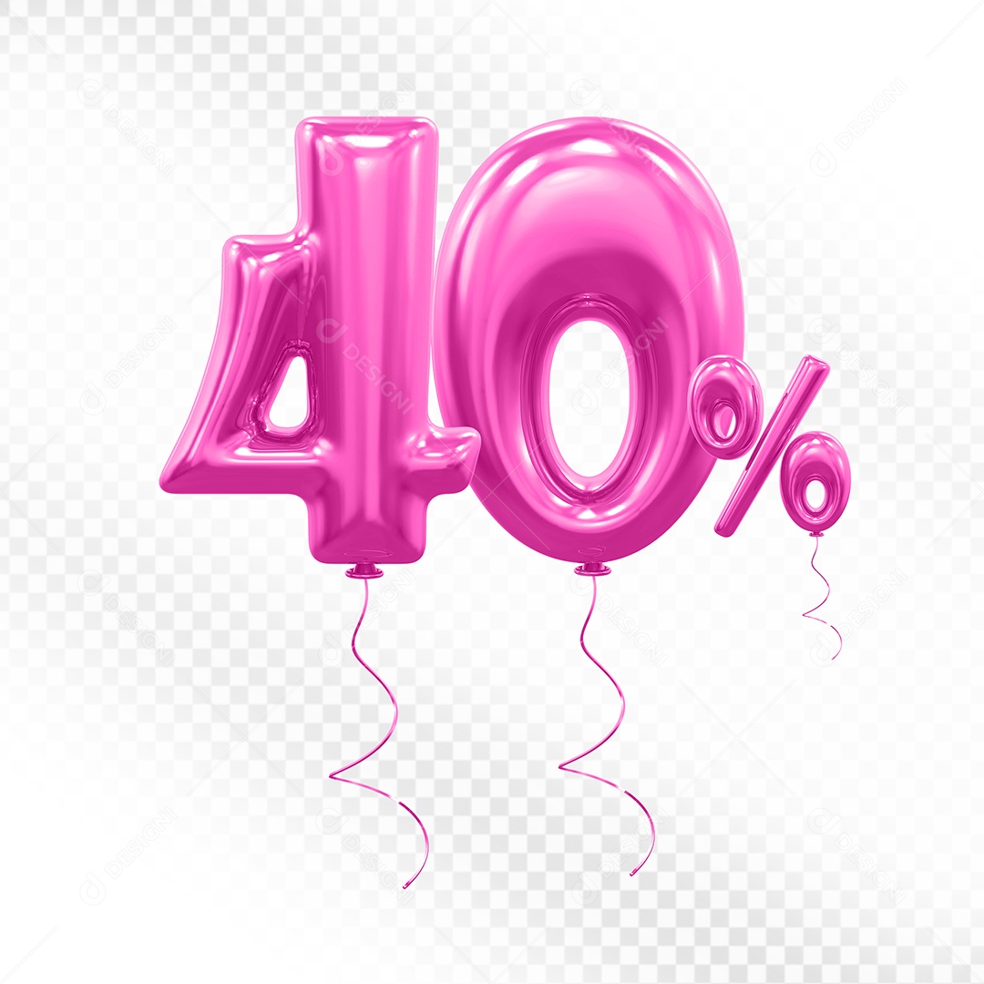 Elemento 3D Balão Rosa de Número 40% para Composição PSD