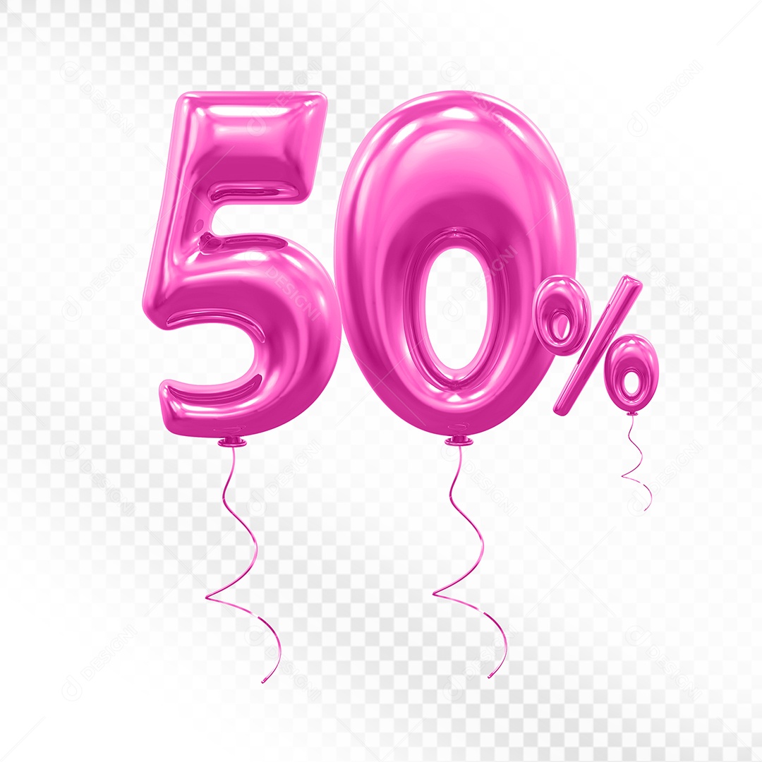 Elemento 3D Balão Rosa de Número 50% para Composição PSD