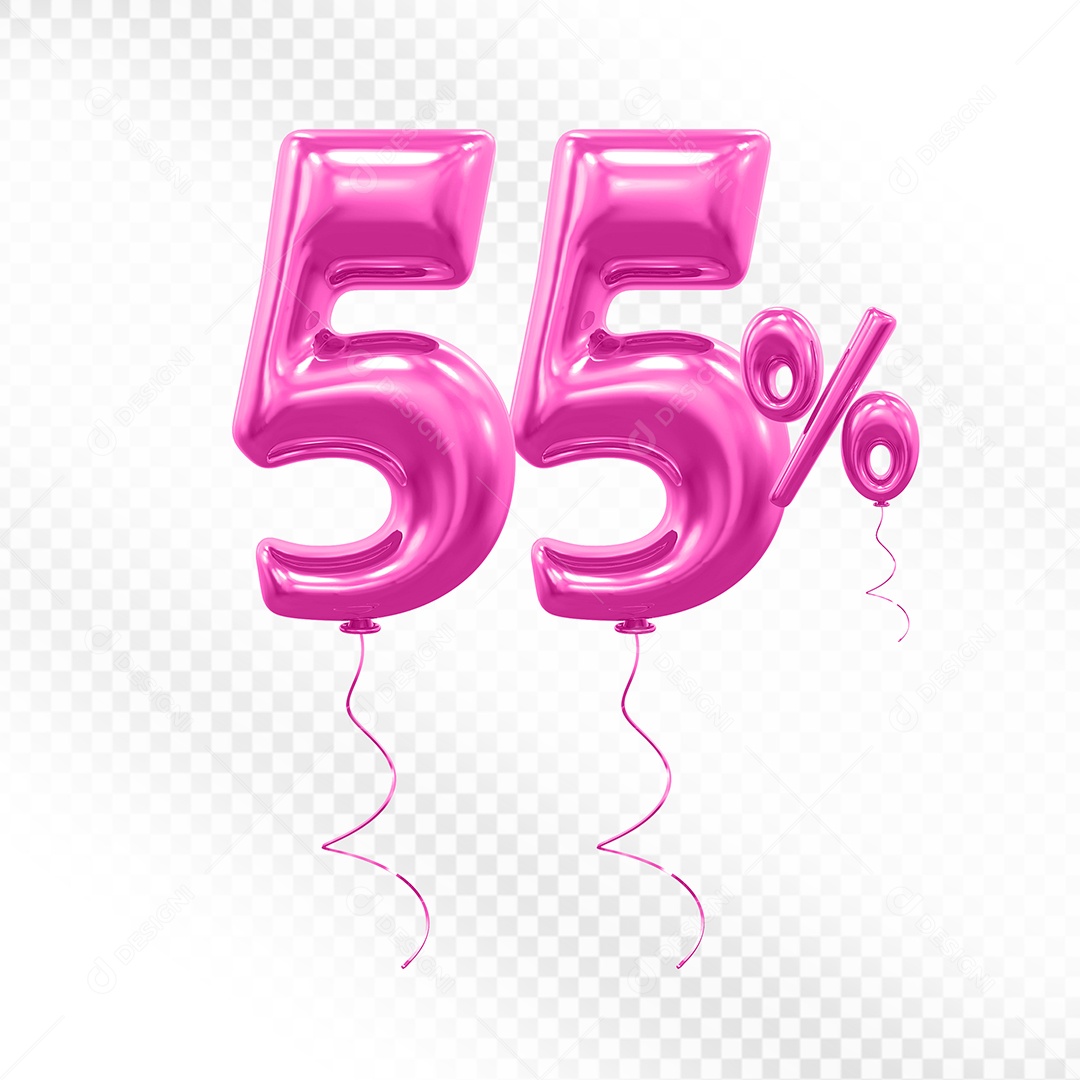 Elemento 3D Balão Rosa de Número 55% para Composição PSD