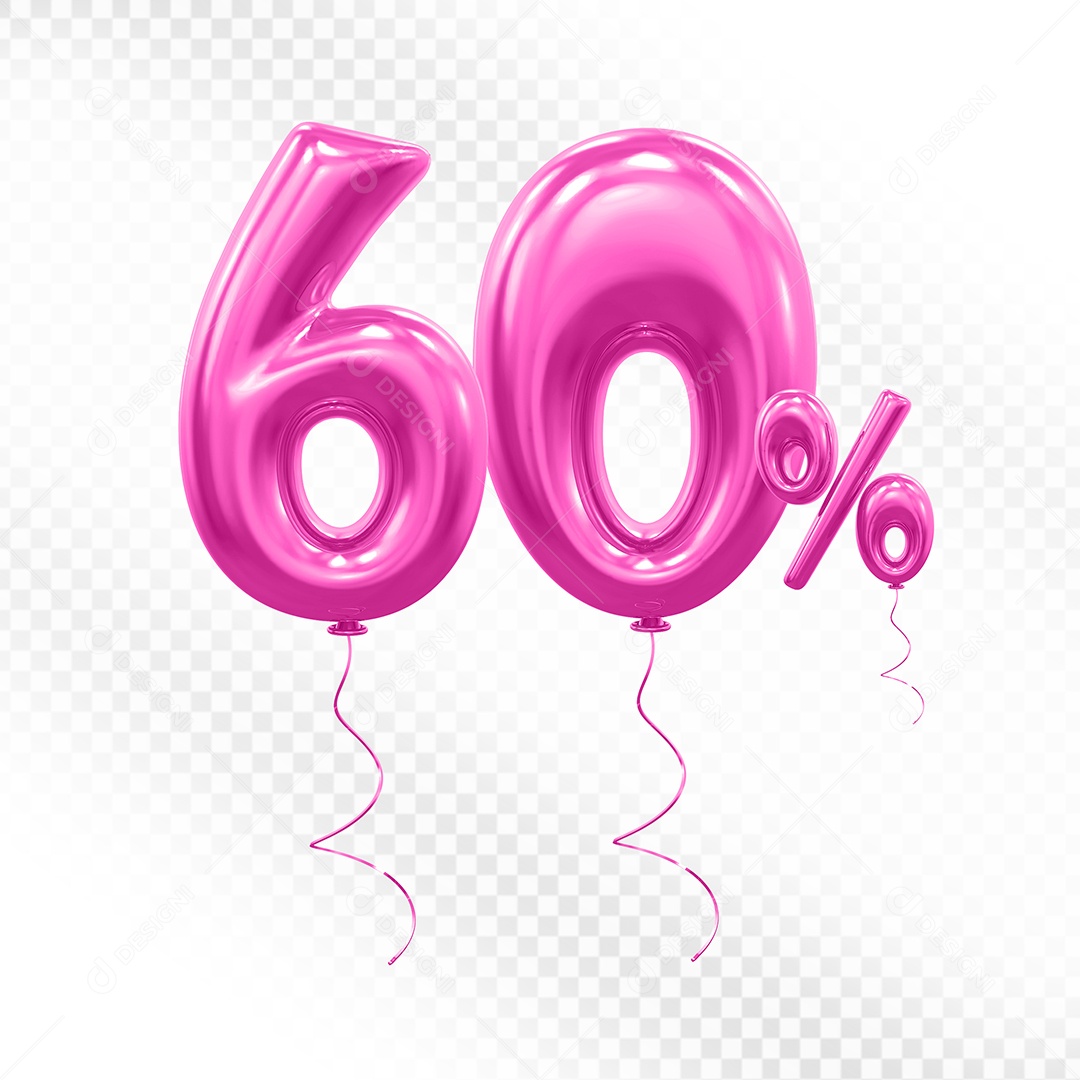 Elemento 3D Balão Rosa de Número 60% para Composição PSD