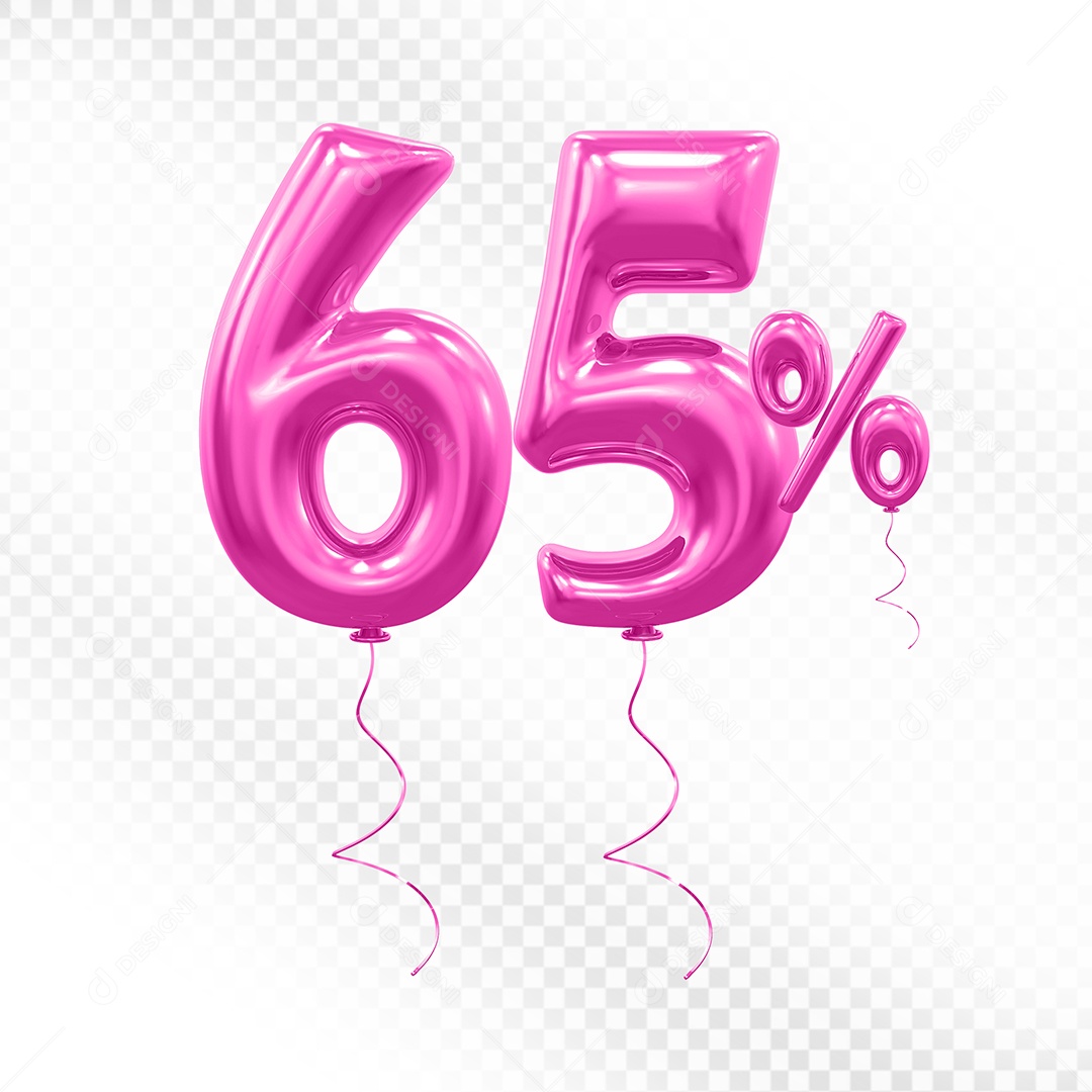 Elemento 3D Balão Rosa de Número 65% para Composição PSD