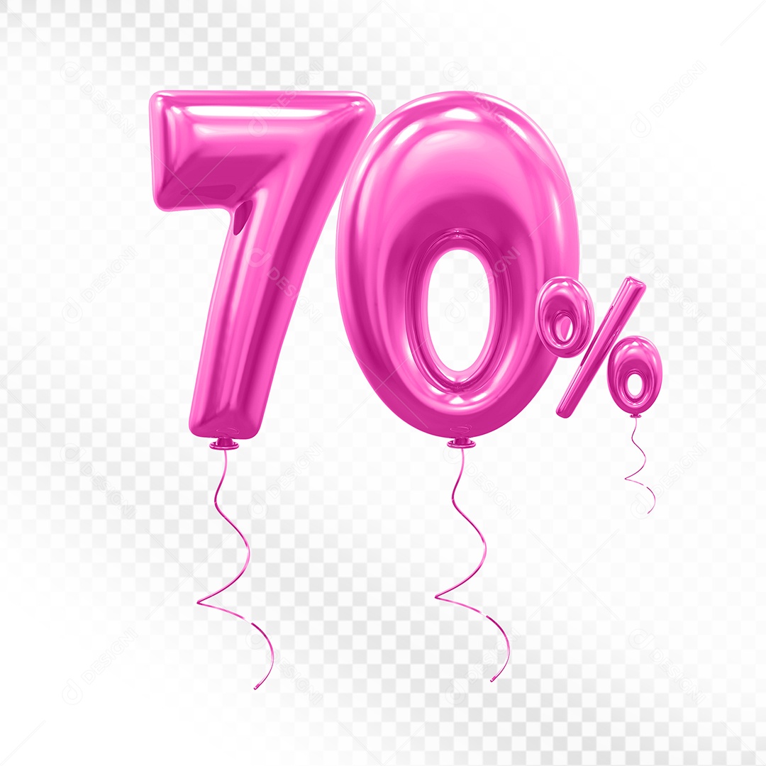 Elemento 3D Balão Rosa de Número 70% para Composição PSD