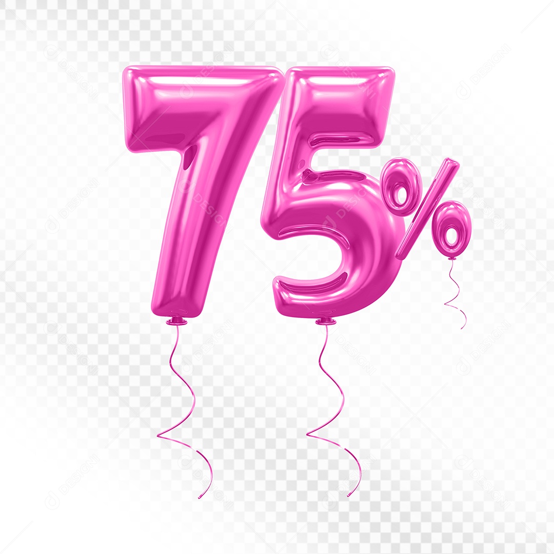 Elemento 3D Balão Rosa de Número 75% para Composição PSD
