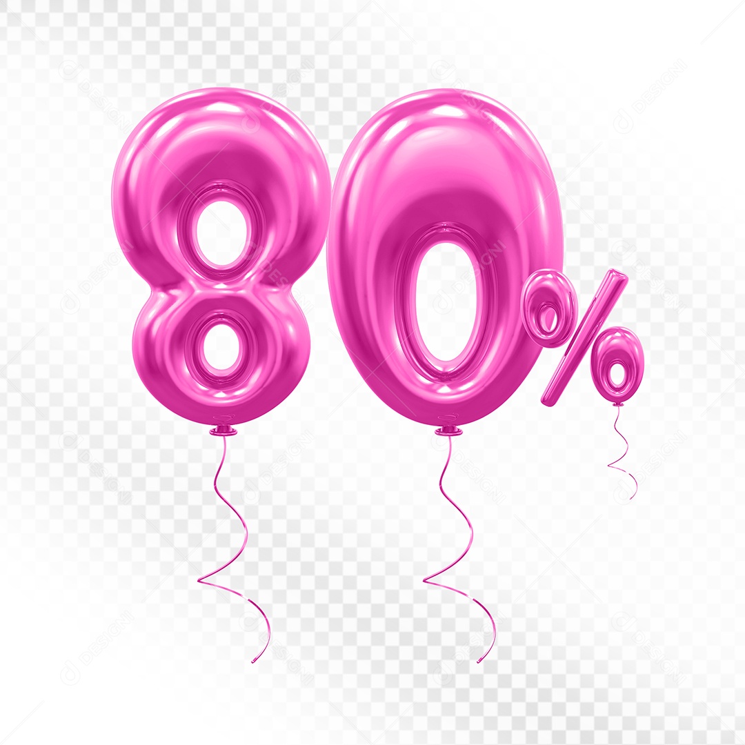 Elemento 3D Balão Rosa de Número 80% para Composição PSD