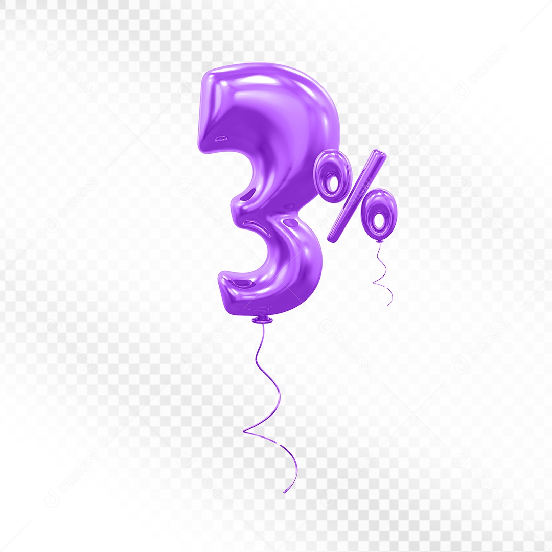 Elemento 3D Balão Roxo de Número 3% para Composição PSD