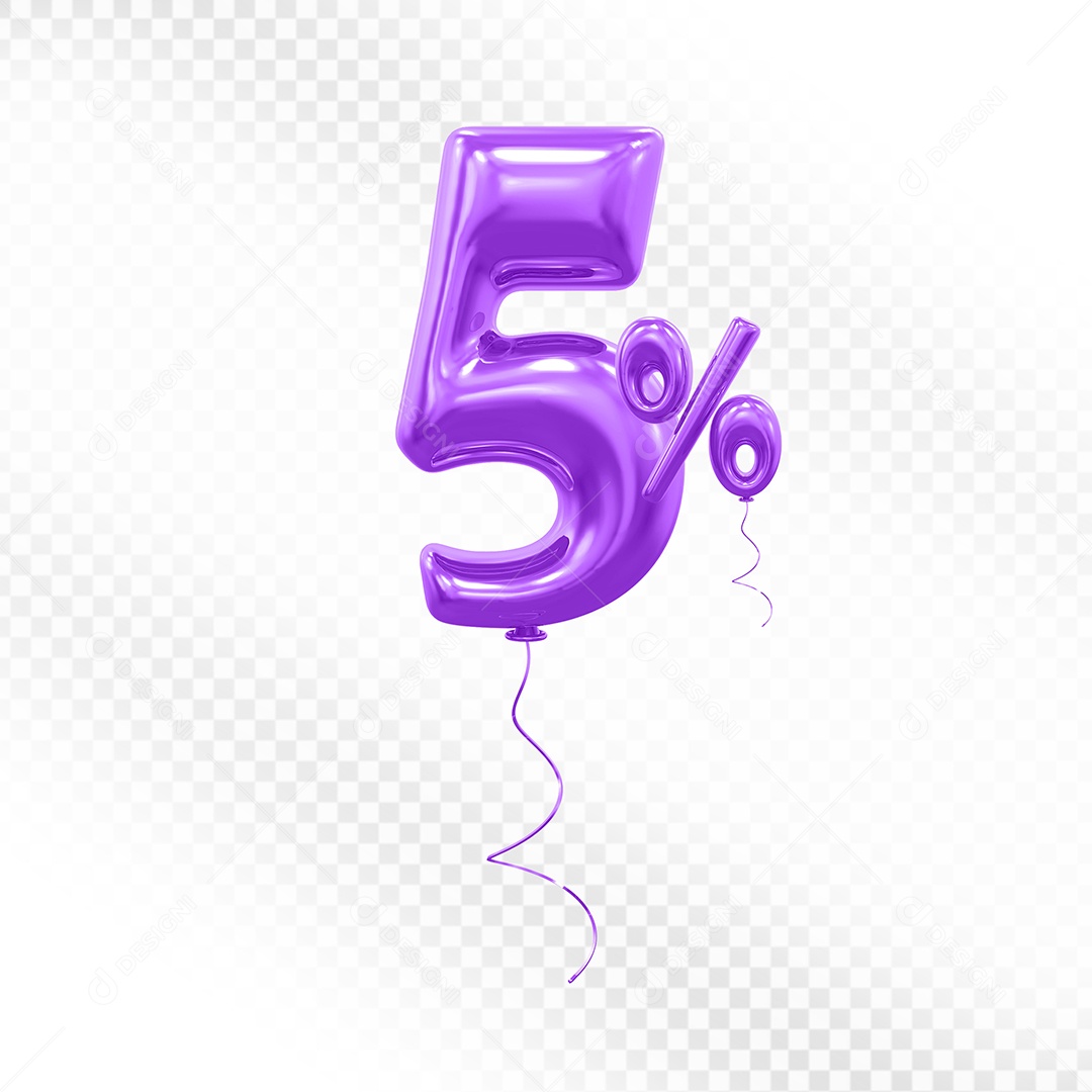 Elemento 3D Balão Roxo de Número 5% para Composição PSD