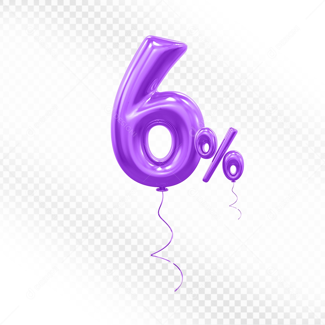 Elemento 3D Balão Roxo de Número 6% para Composição PSD