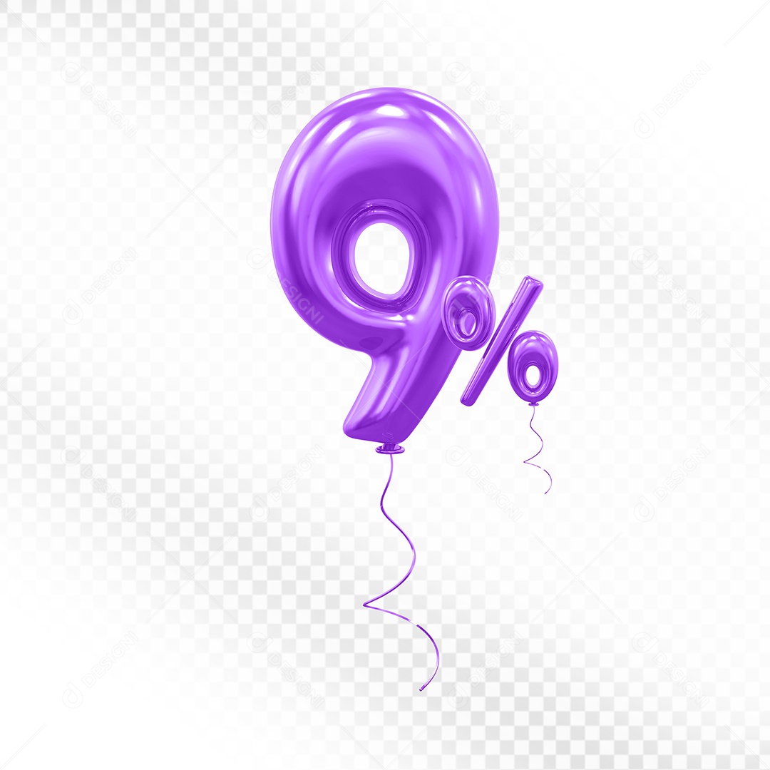 Elemento 3D Balão Roxo de Número 9% para Composição PSD