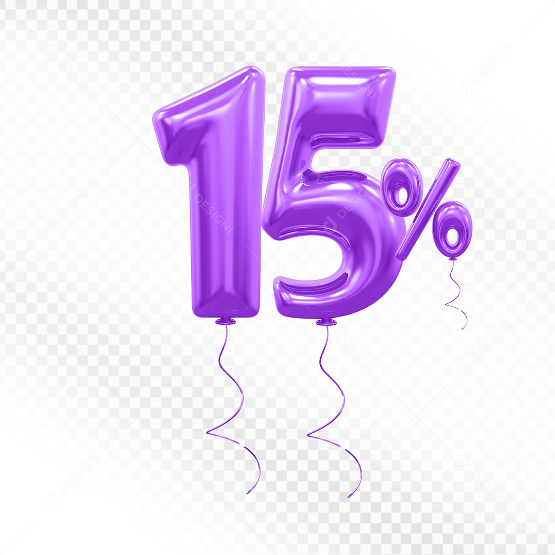 Elemento 3D Balão Roxo de Número 15% para Composição PSD