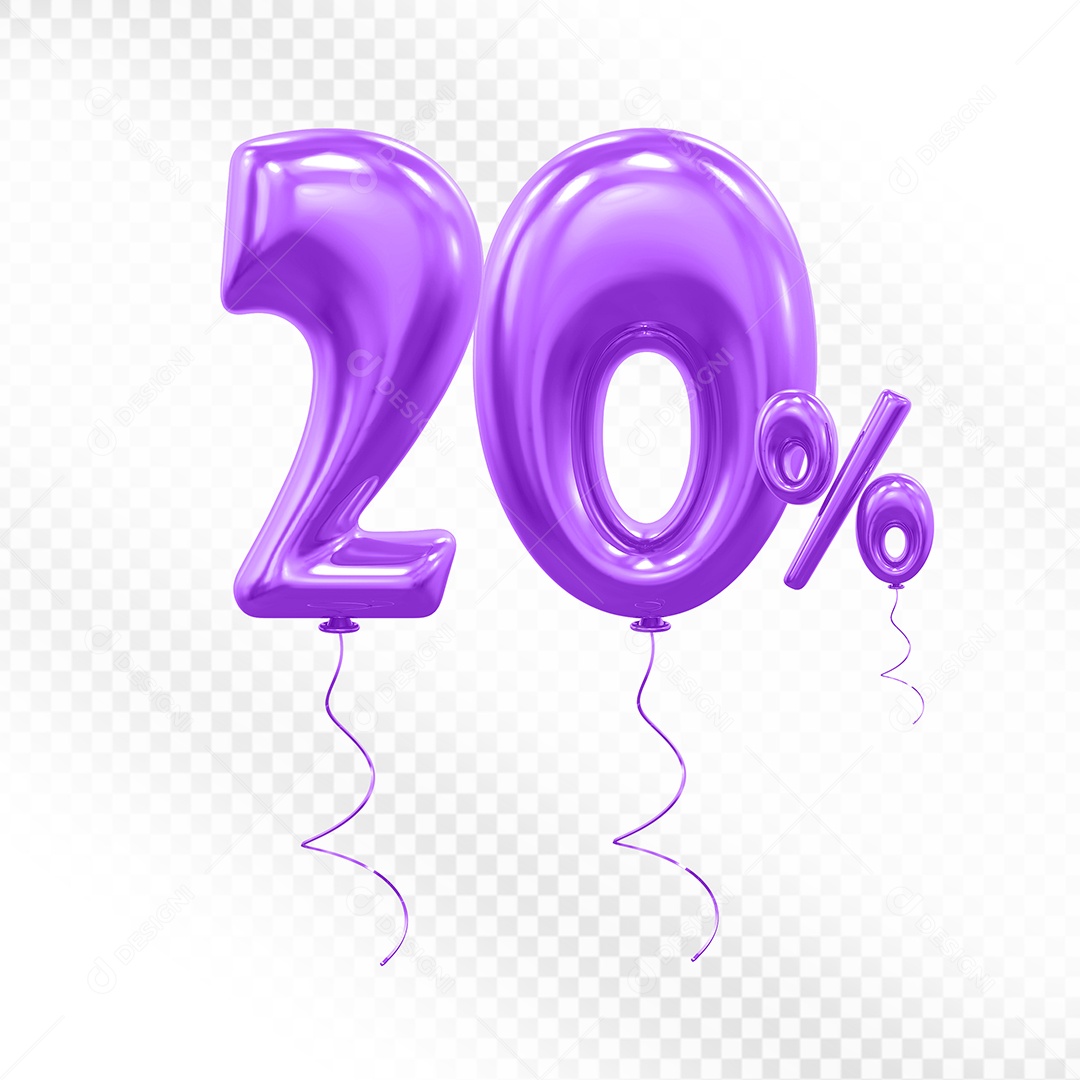 Elemento 3D Balão Roxo de Número 20% para Composição PSD