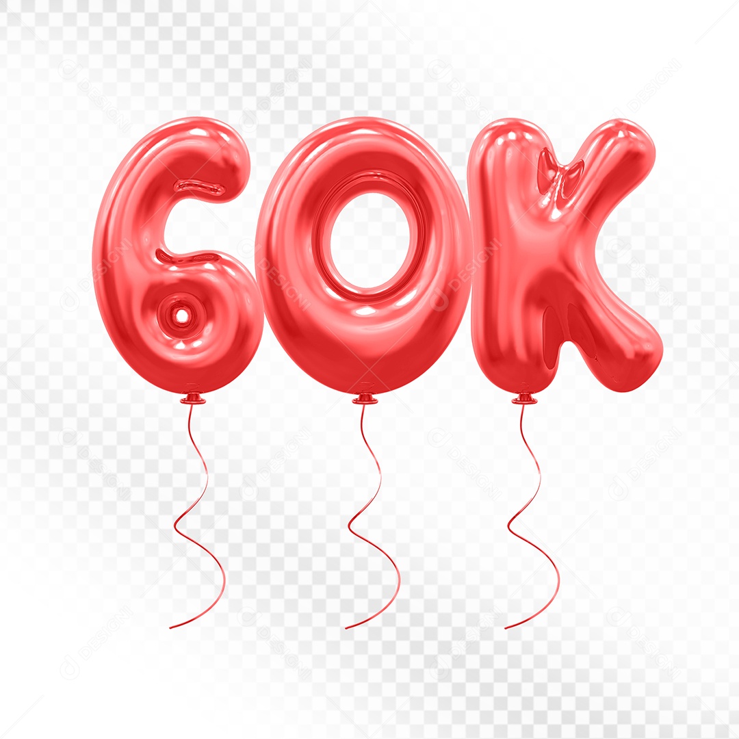 Elemento 3D Balão Vermelho de Número 60K para Composição PSD