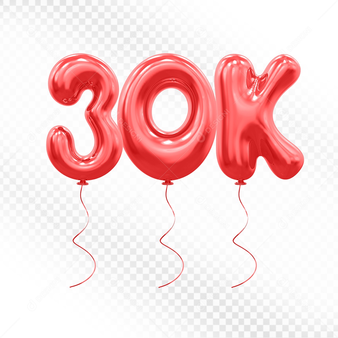 Elemento 3D Balão Vermelho de Número 30K para Composição PSD