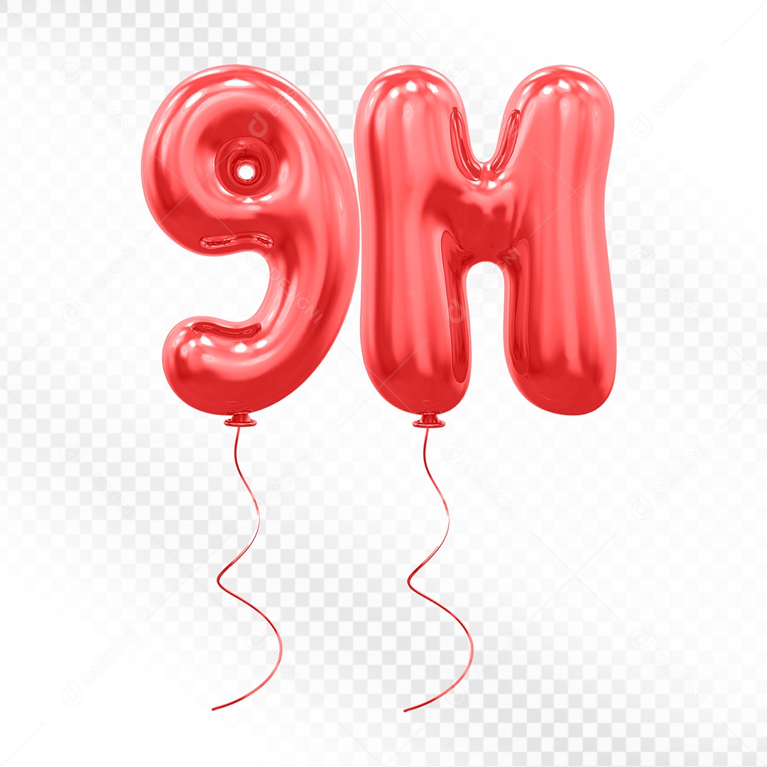 Elemento 3D Balão Vermelho de Número 9M para Composição PSD