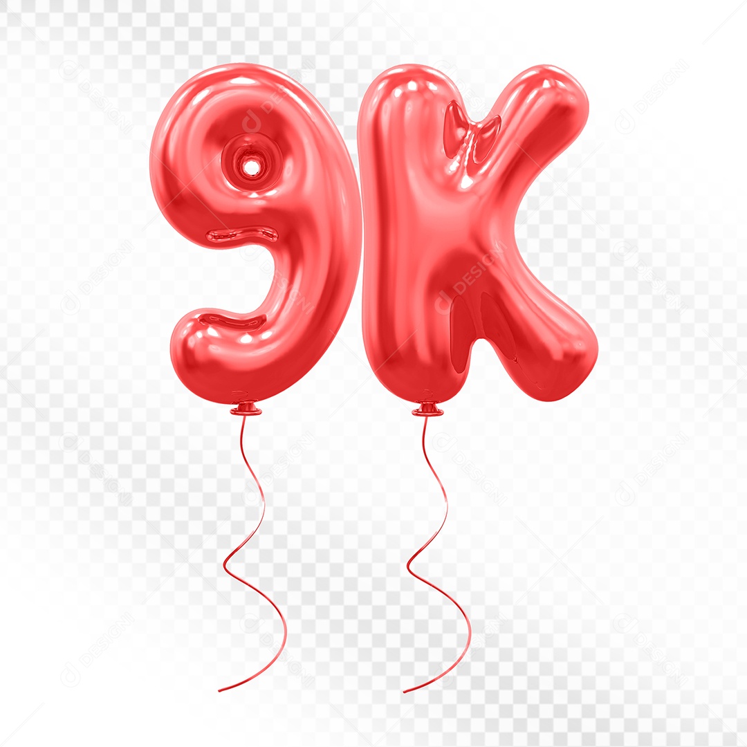 Elemento 3D Balão Vermelho de Número 9K para Composição PSD