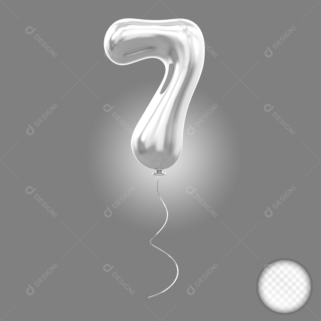 Elemento 3D Balão Prata de Número 7 para Composição PSD