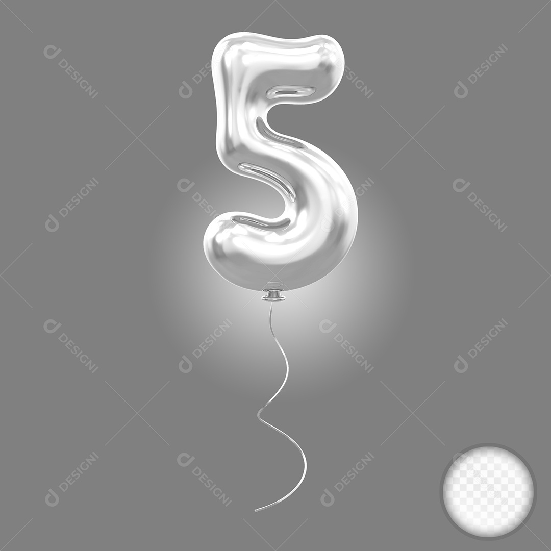 Elemento 3D Balão Prata de Número 5 para Composição PSD