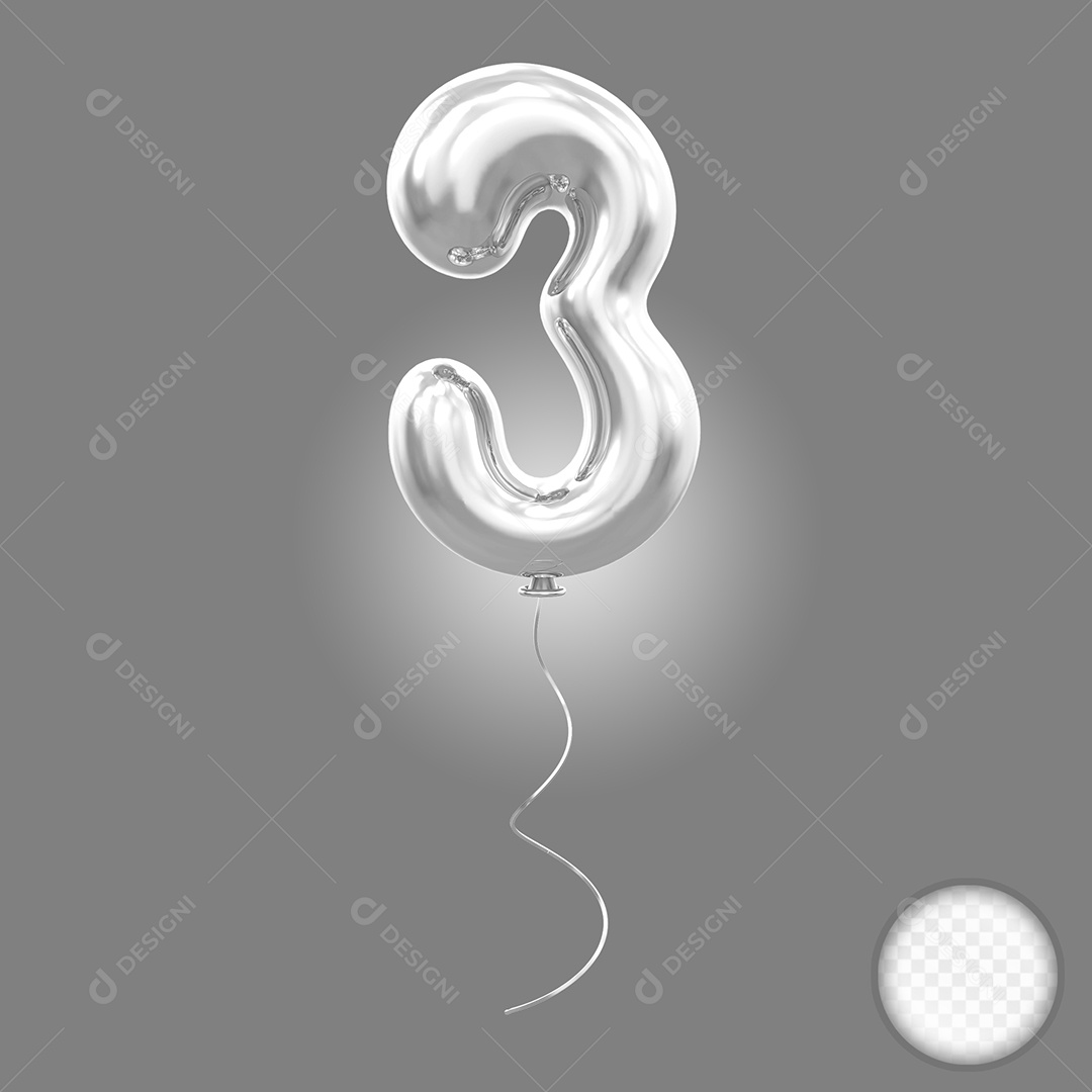 Elemento 3D Balão Prata de Número 3 para Composição PSD