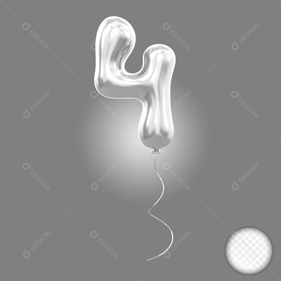 Elemento 3D Balão Prata de Número 4 para Composição PSD