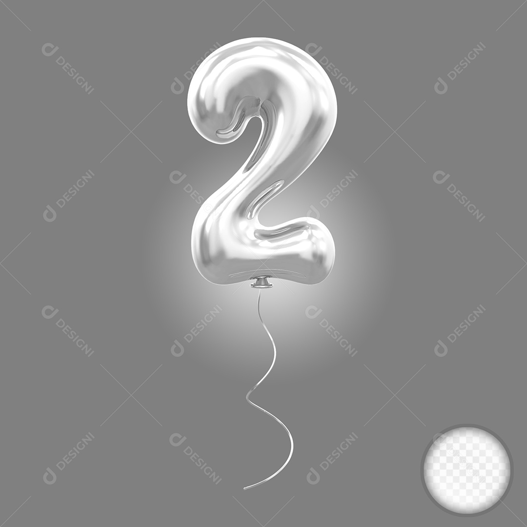 Elemento 3D Balão Prata de Número 2 para Composição PSD