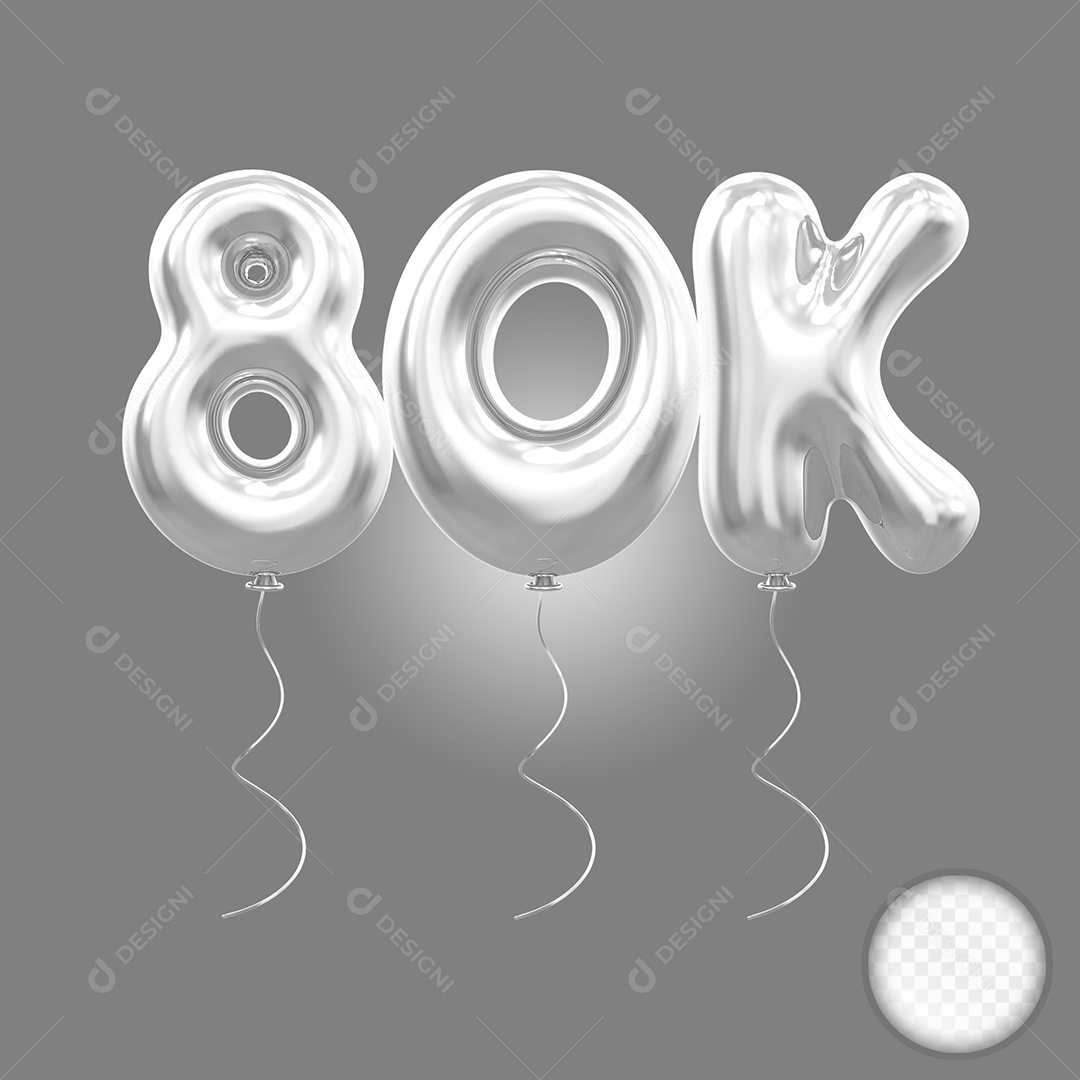 Elemento 3D Balão Prata de Número 80K para Composição PSD