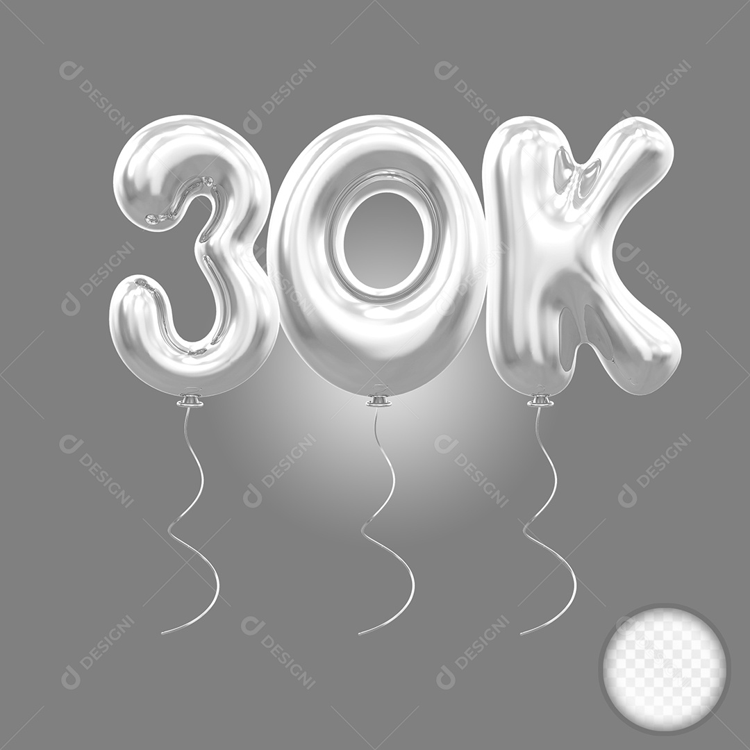Elemento 3D Balão Prata de Número 30K Para Composição PSD