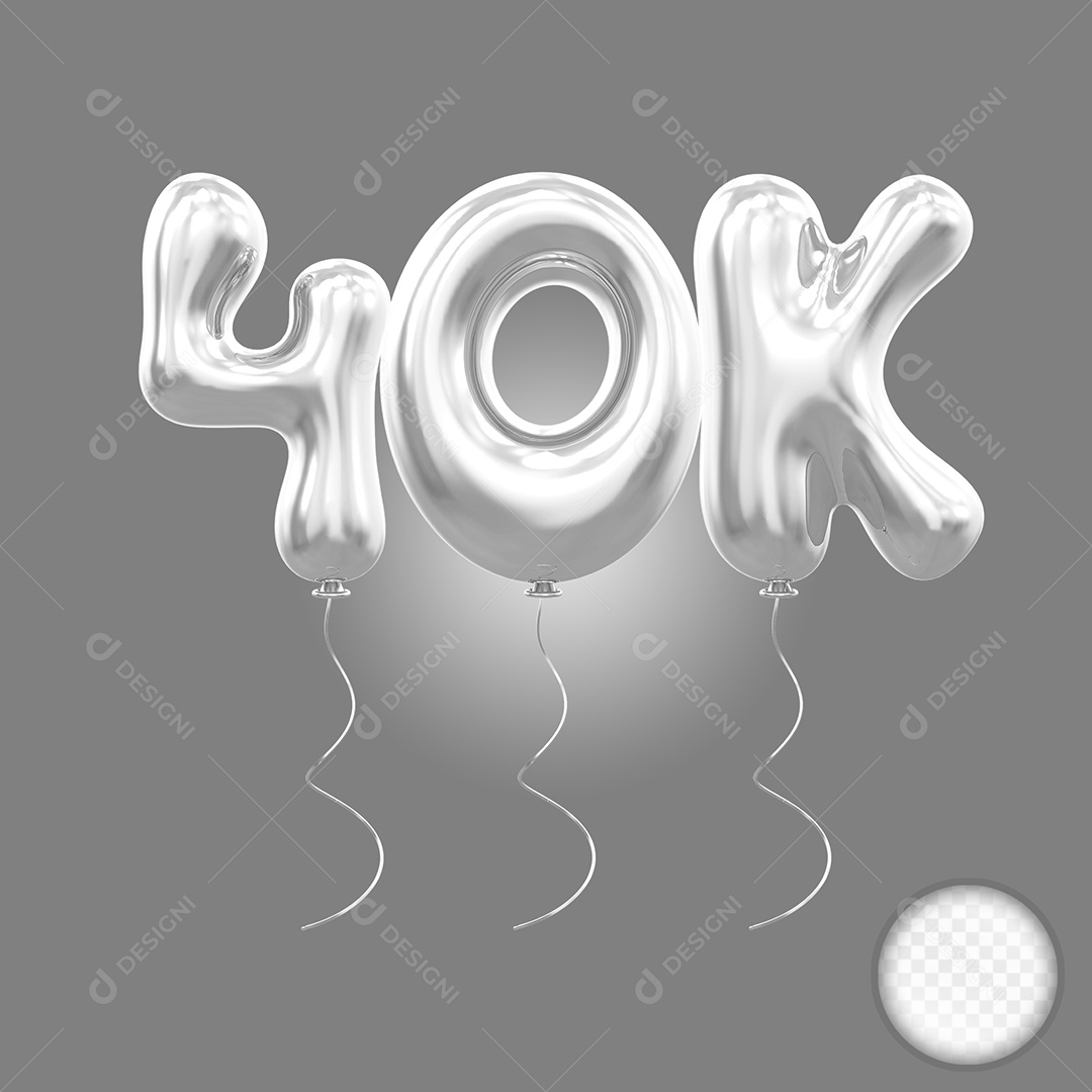 Elemento 3D Balão Prata de Número 40K  para Composição PSD