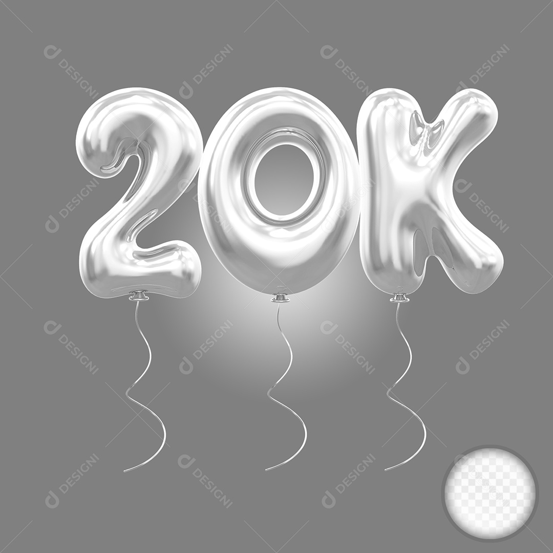 Elemento 3D Balão Prata de Número 20K para Composição PSD