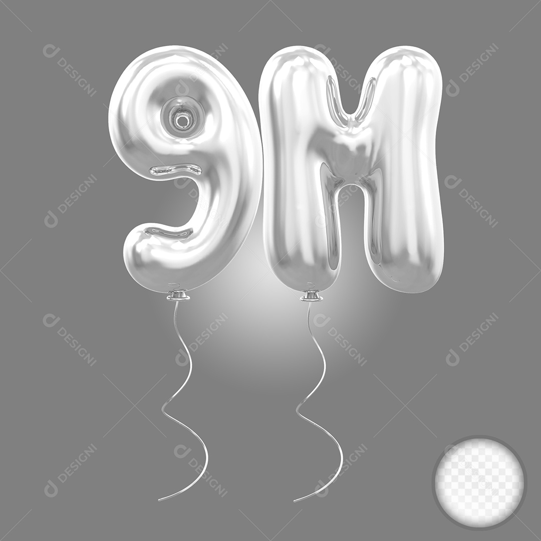Elemento 3D Balão Prata de Número 9M Para Composição PSD