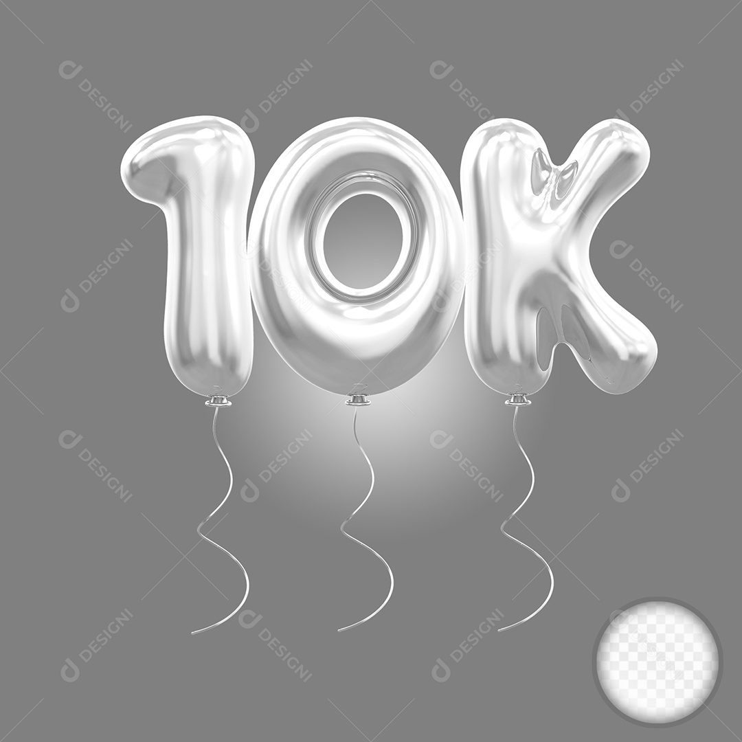 Elemento 3D Balão Prata de Número 10K Para Composição PSD