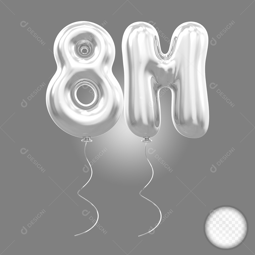 Elemento 3D Balão Prata de Número 8M para Composição PSD