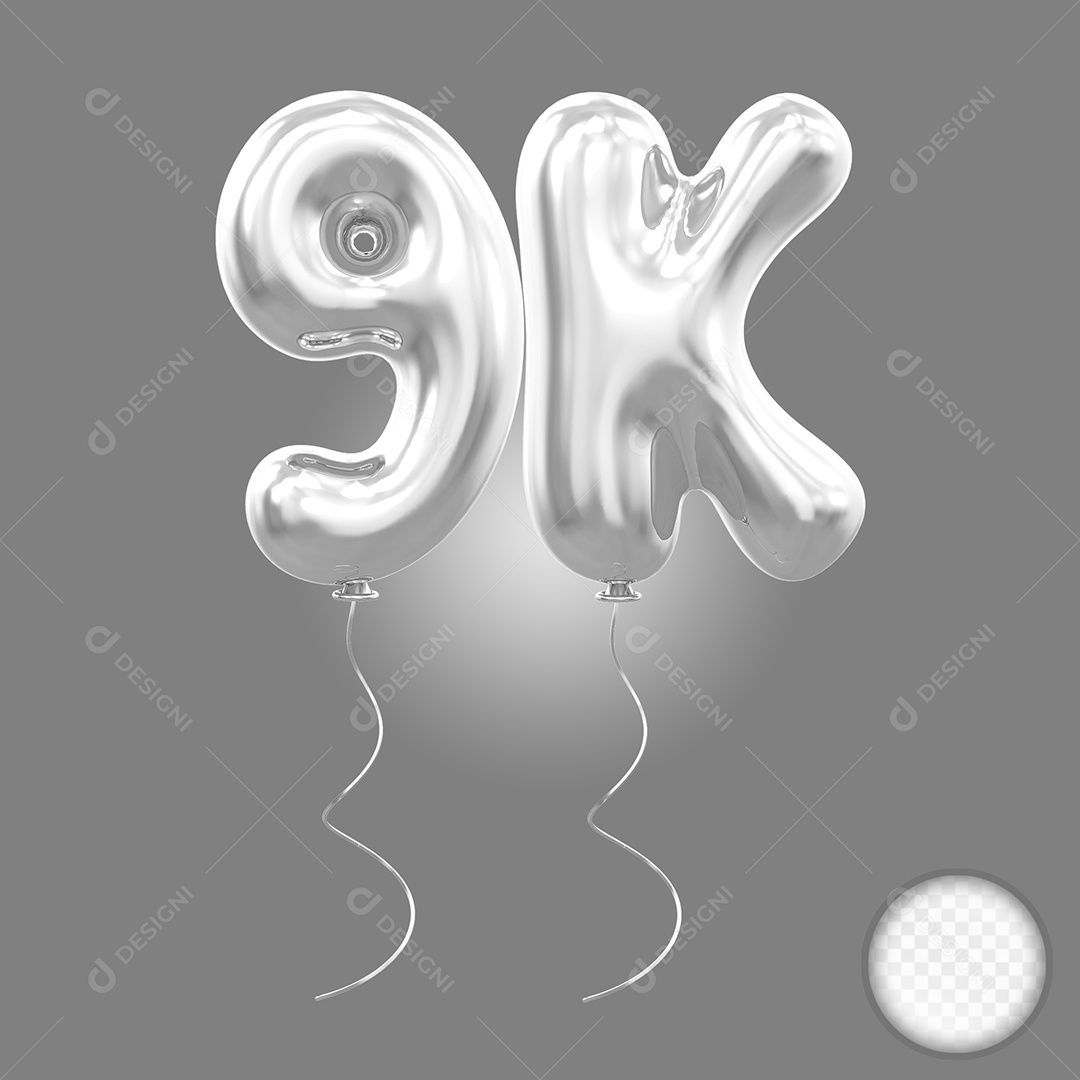 Elemento 3D Balão Prata de Número 9K para Composição PSD