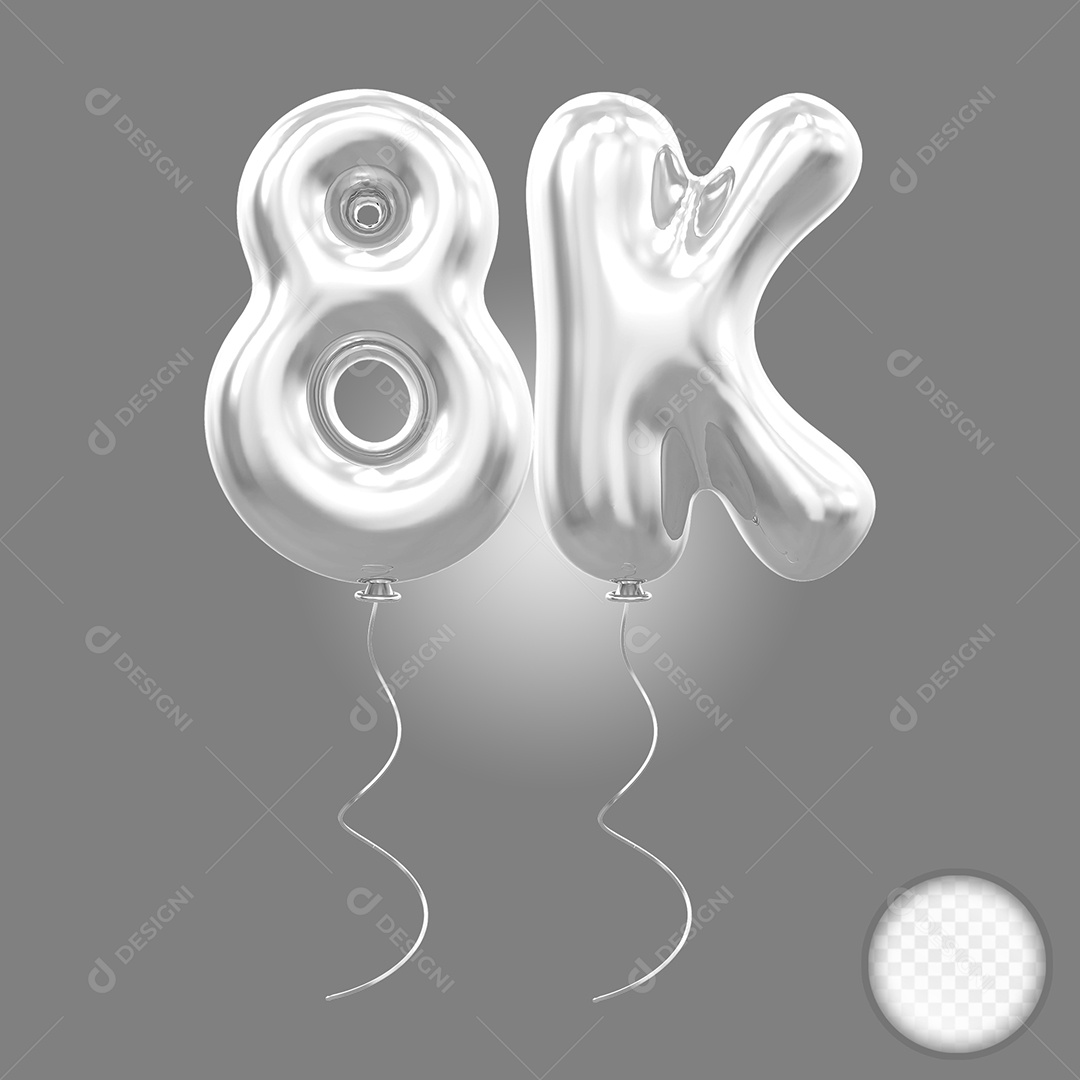 Elemento 3D Balão Prata de Número 6K para Composição PSD